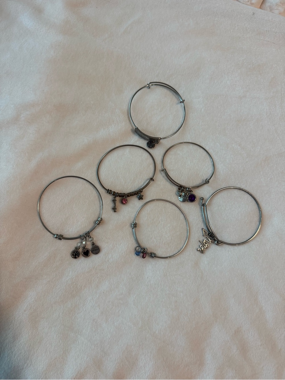 Silver Tone Charm Bangle Bracelet Set of 6 - Multi Color Accents with Words
